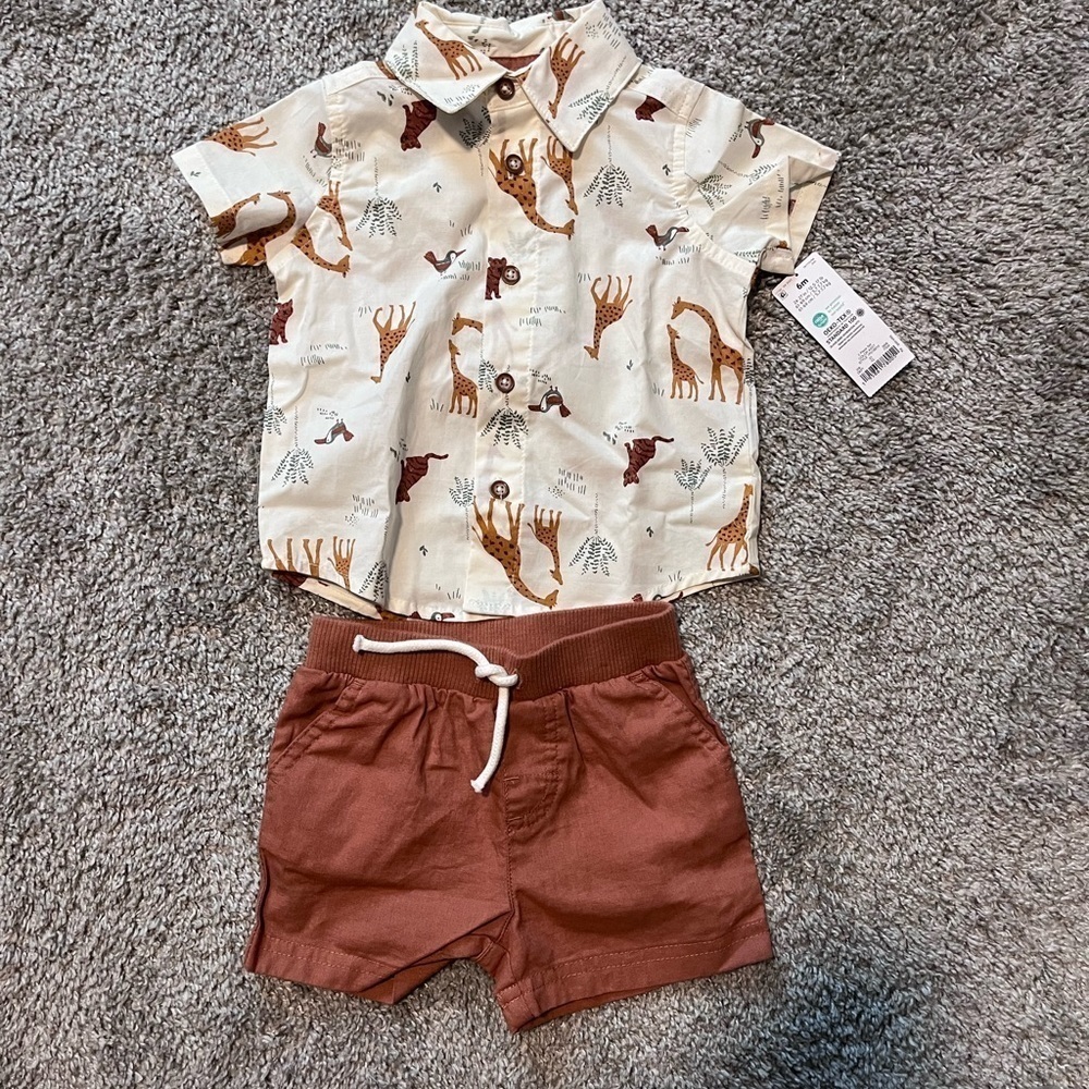 CARTERS Baby Outfit Animals Giraffe 6 Months Button Up Collar Polo & Shorts